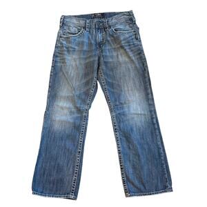 Silver Jeans Mens Sz 32x30 Blue Gordie Flap Relaxed Fit Distressed Thick Stitch